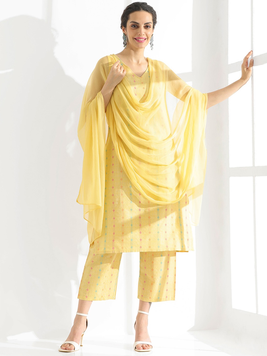 

Anouk Yellow Ethnic Motifs Printed Pure Cotton Kurta With Palazzos & Dupatta