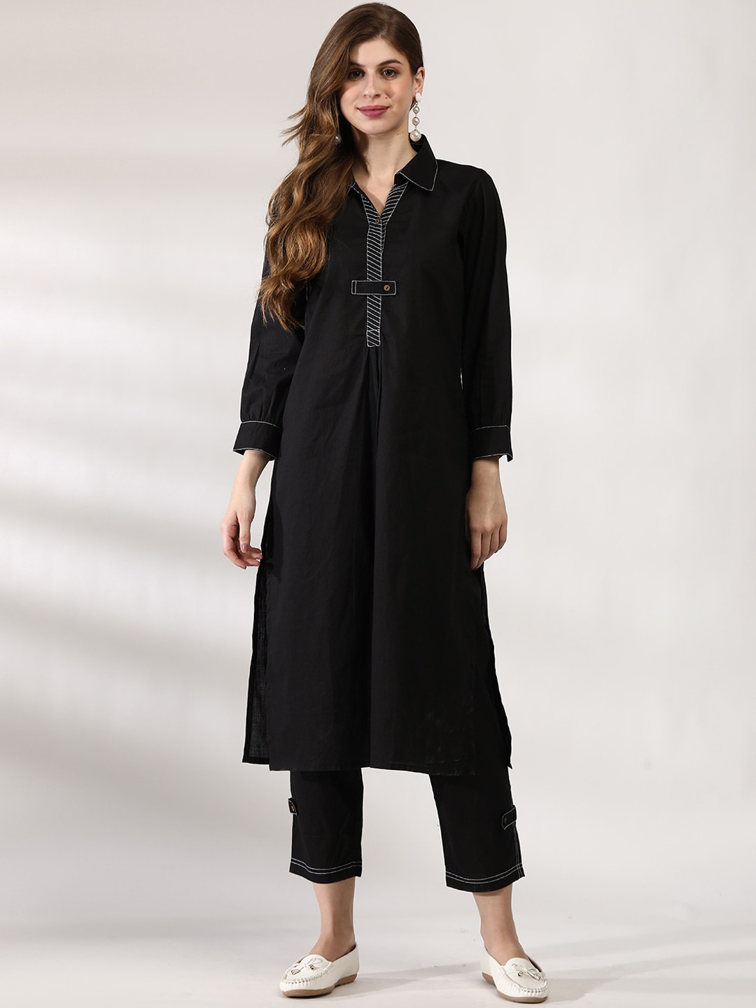 

Anouk Black Shirt Collar Thread Work Pure Cotton A-Line Kurta With Trousers
