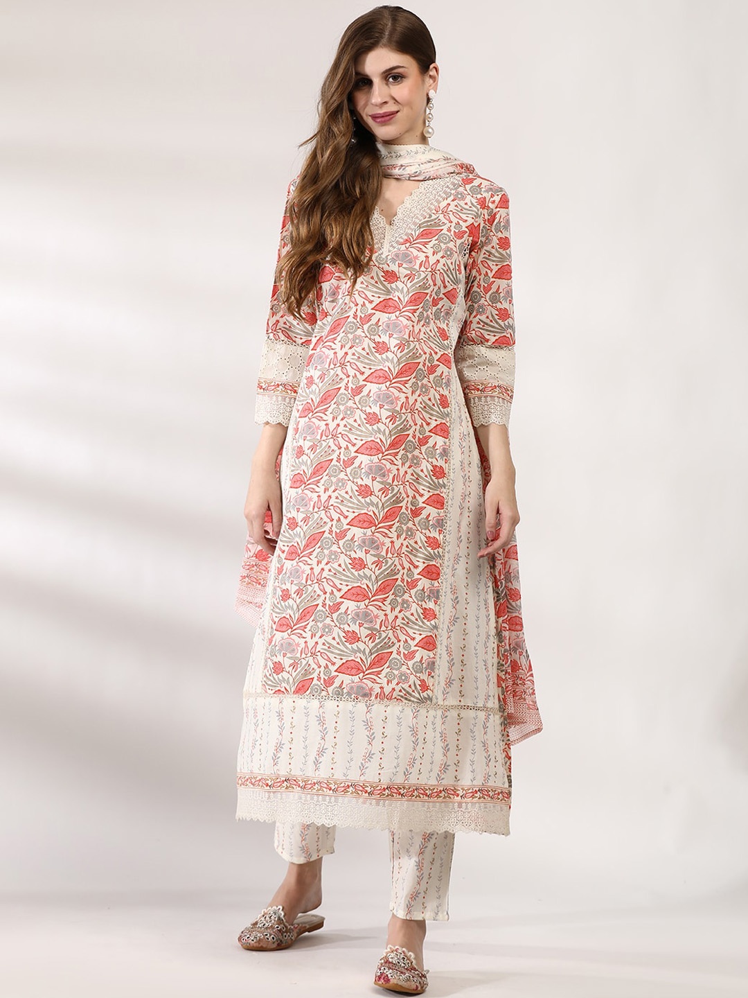 

Anouk Floral Printed Regular Thread Work Pure Cotton Kurta With Trousers & Dupatta, Off white