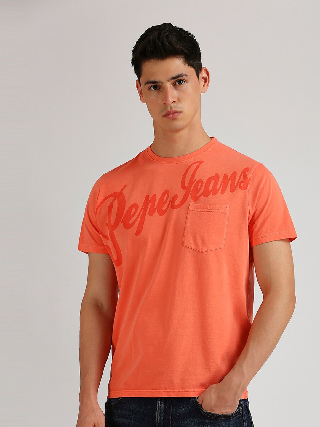 Pepe Jeans Typography Printed Pure Cotton Slim Fit T-shirt, Orange