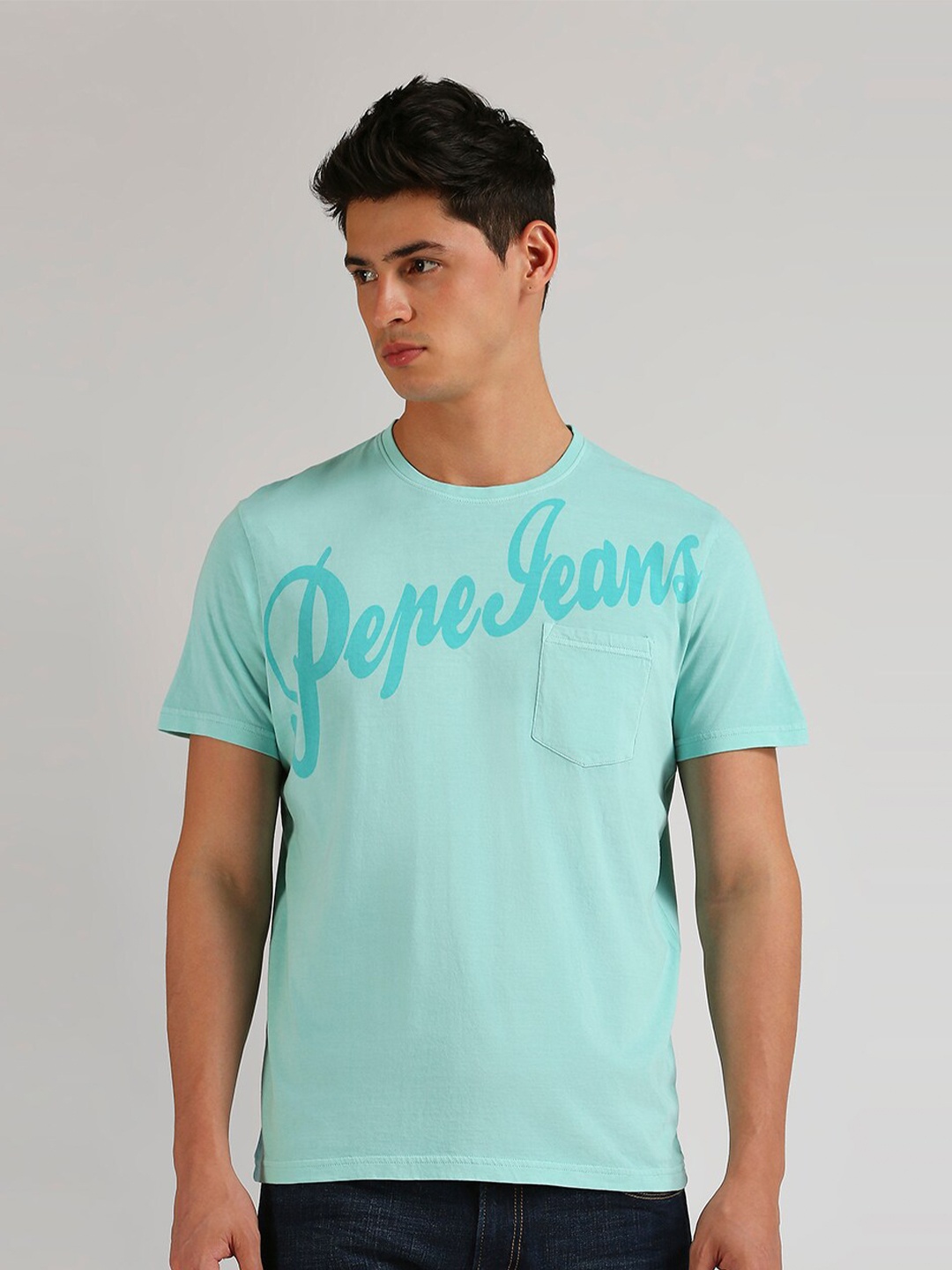 

Pepe Jeans Round Neck Short Sleeves Typographic Printed Pure Cotton Slim Fit T-shirt, Green