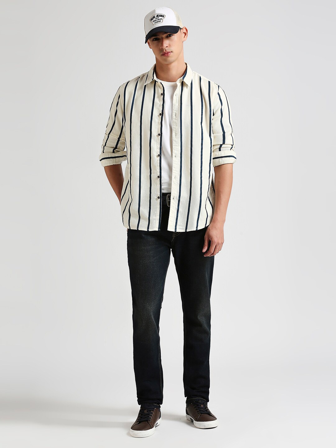 

Pepe Jeans Spread Collar Opaque Striped Cotton Casual Shirt, White