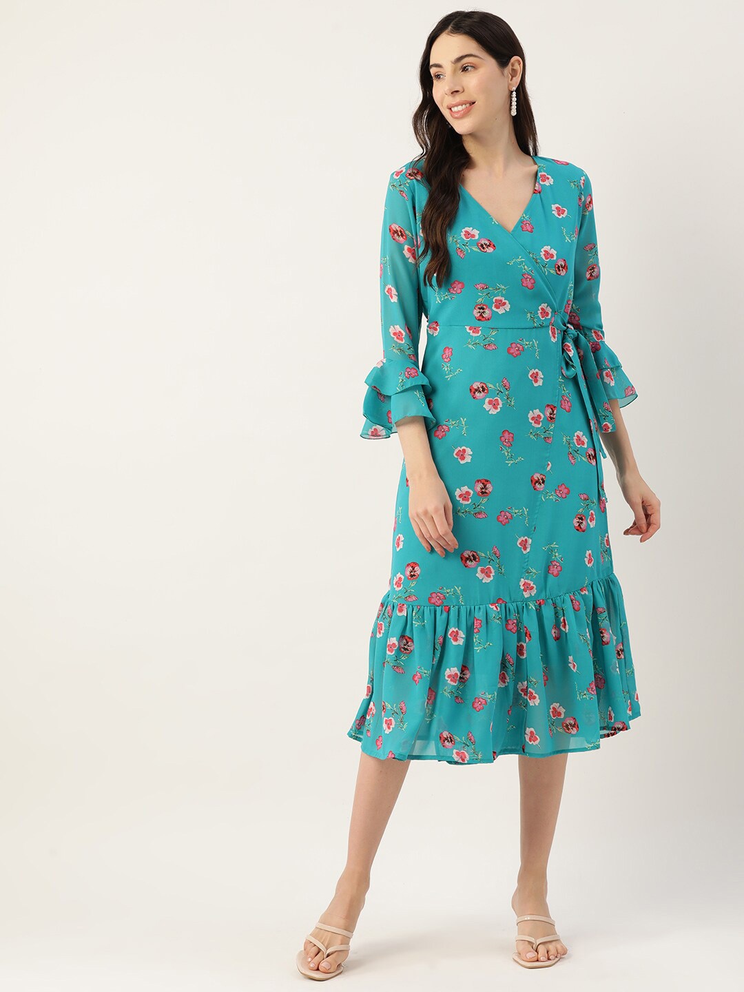 

Deewa Floral Printed Bell Sleeve Georgette Midi Dress, Turquoise blue