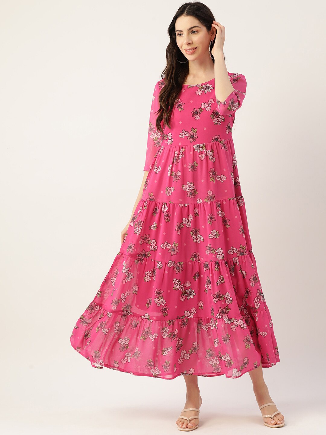 

Deewa Floral Printed Round Neck Georgette Maxi Dress, Pink