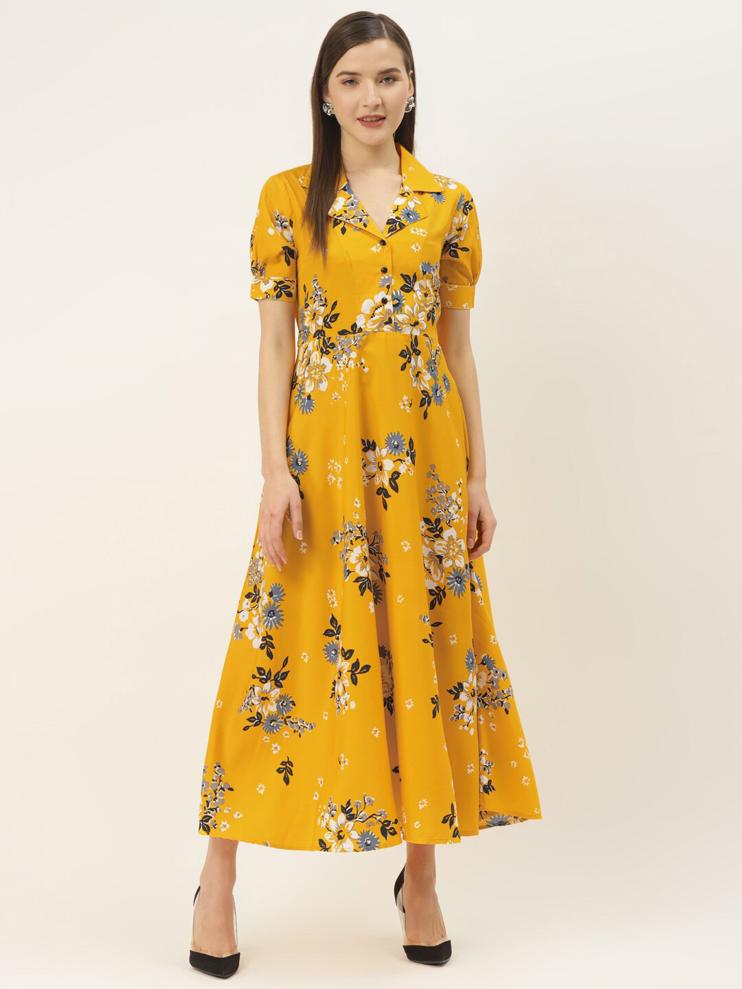 

Deewa Floral Printed Shirt Collar Maxi Dress, Yellow
