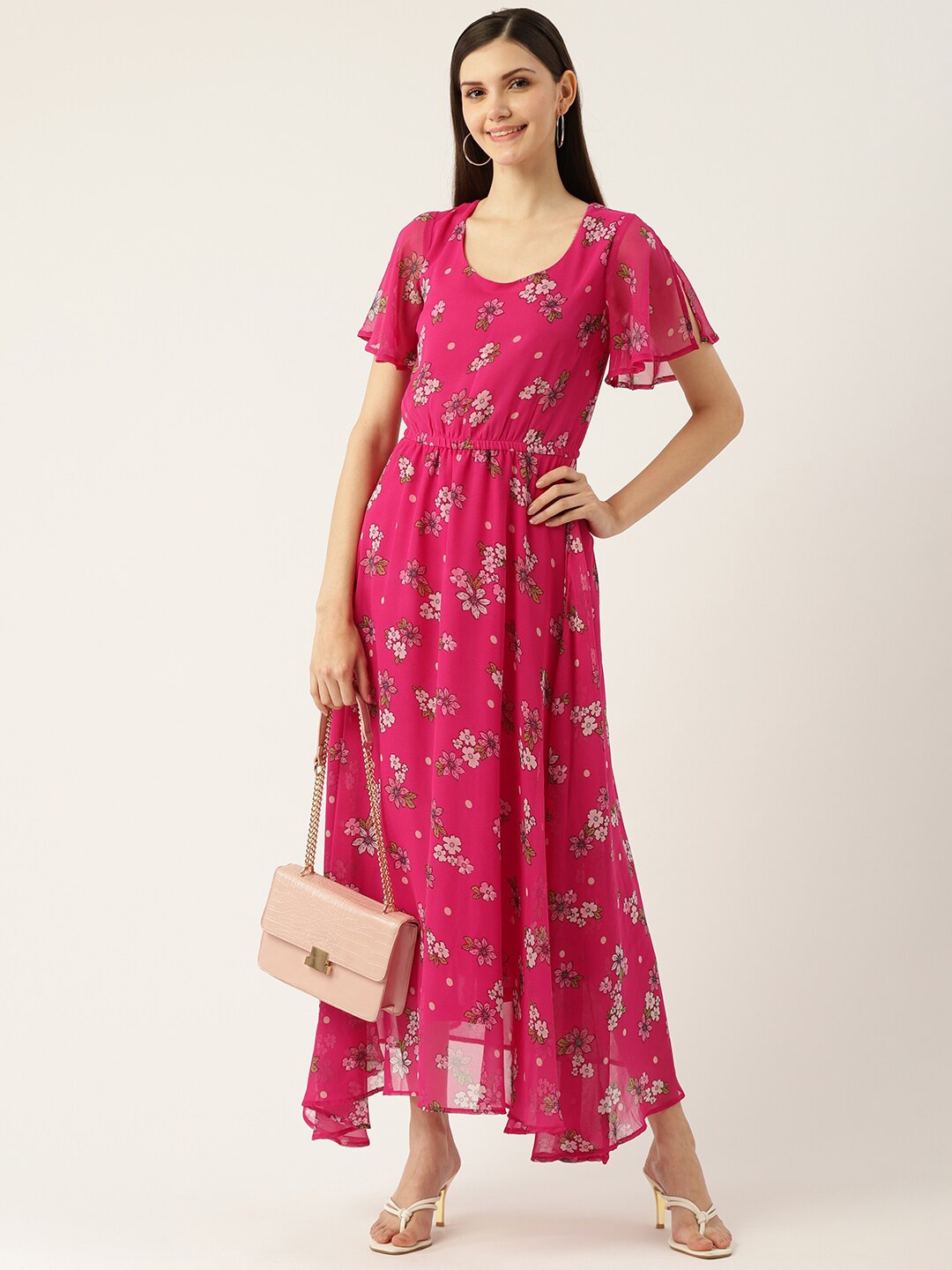 

Deewa Floral Printed Round Neck Maxi Dress, Pink
