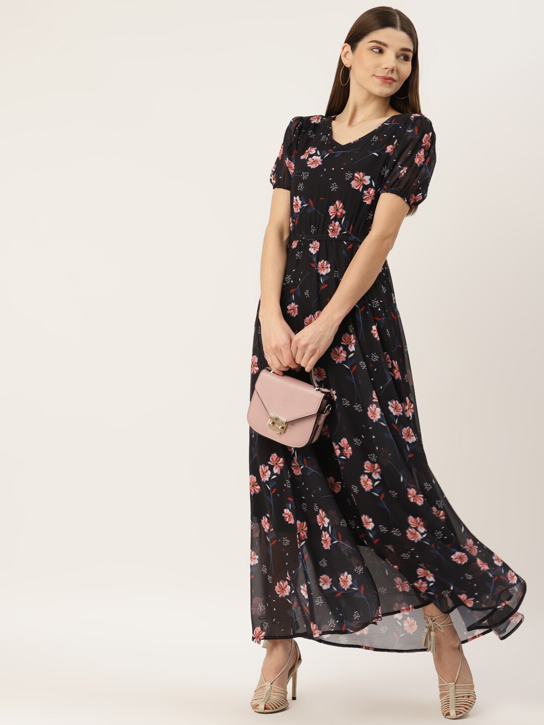 

Deewa Floral Printed Flared Maxi Dress, Black