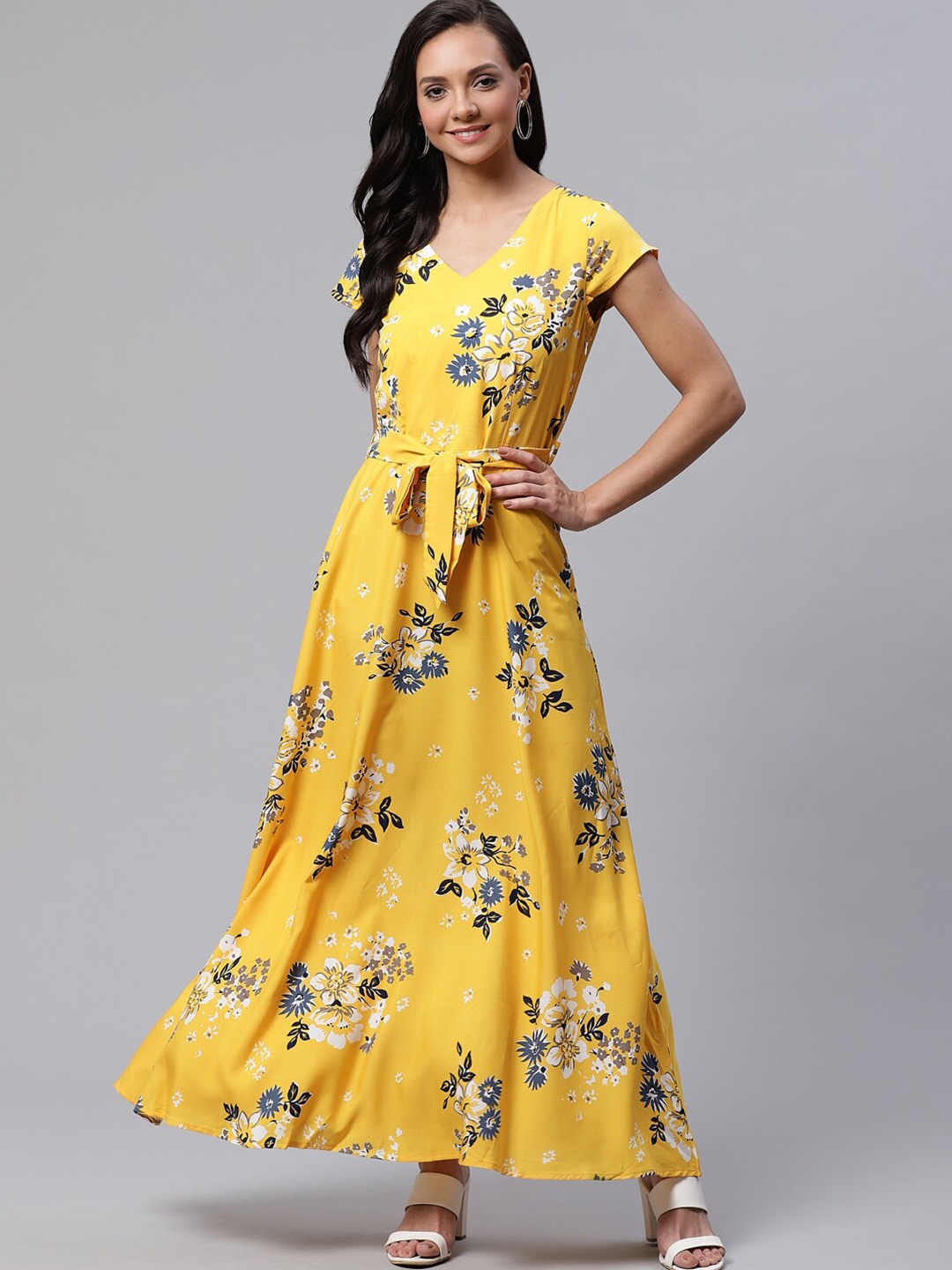 

Deewa Floral Printed V-Neck Maxi Dress, Yellow