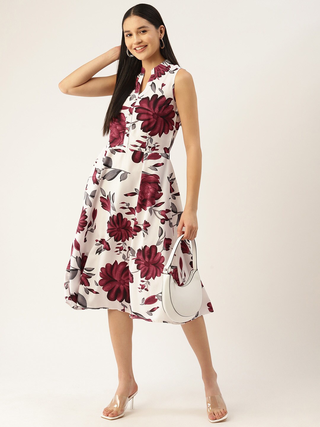 

Deewa Floral Printed Mandarin Collar Fit & Flare Midi Dress, White