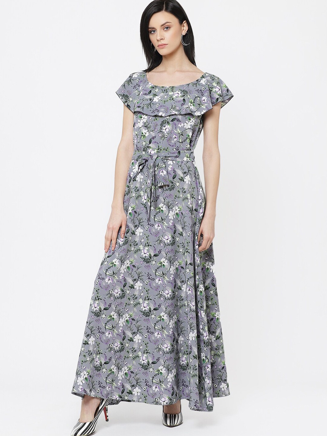 

Deewa Floral Printed Round Neck Crepe Maxi Dress, Grey
