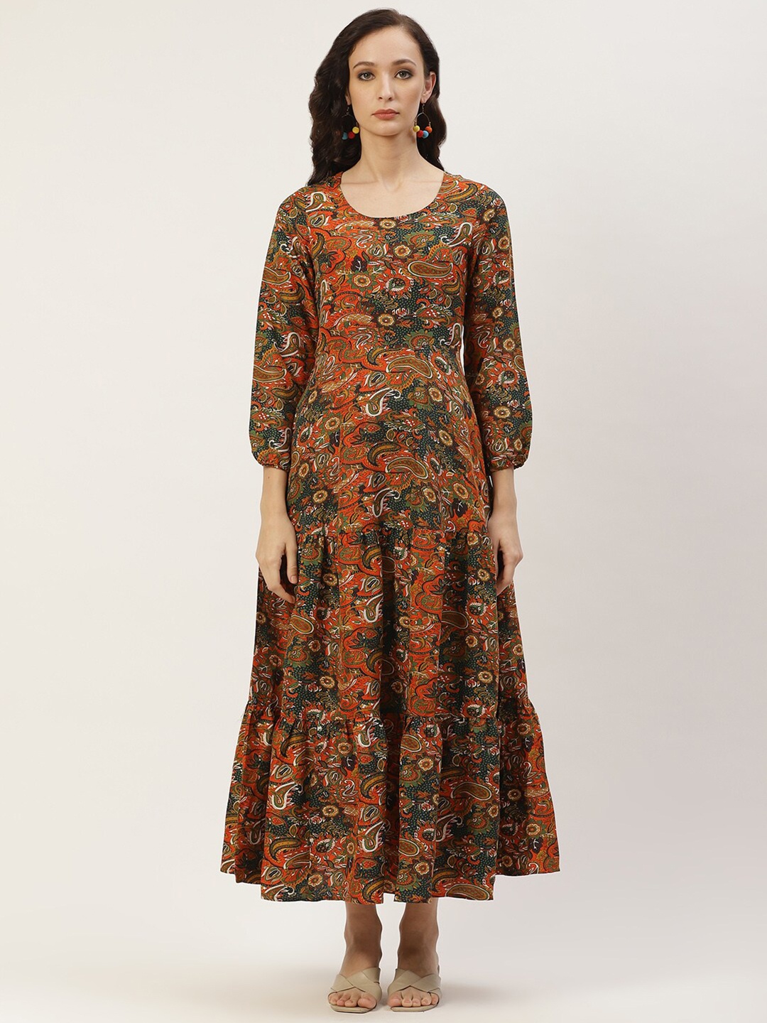 

Deewa Floral Printed Round Neck Crepe A-Line Midi Dress, Orange