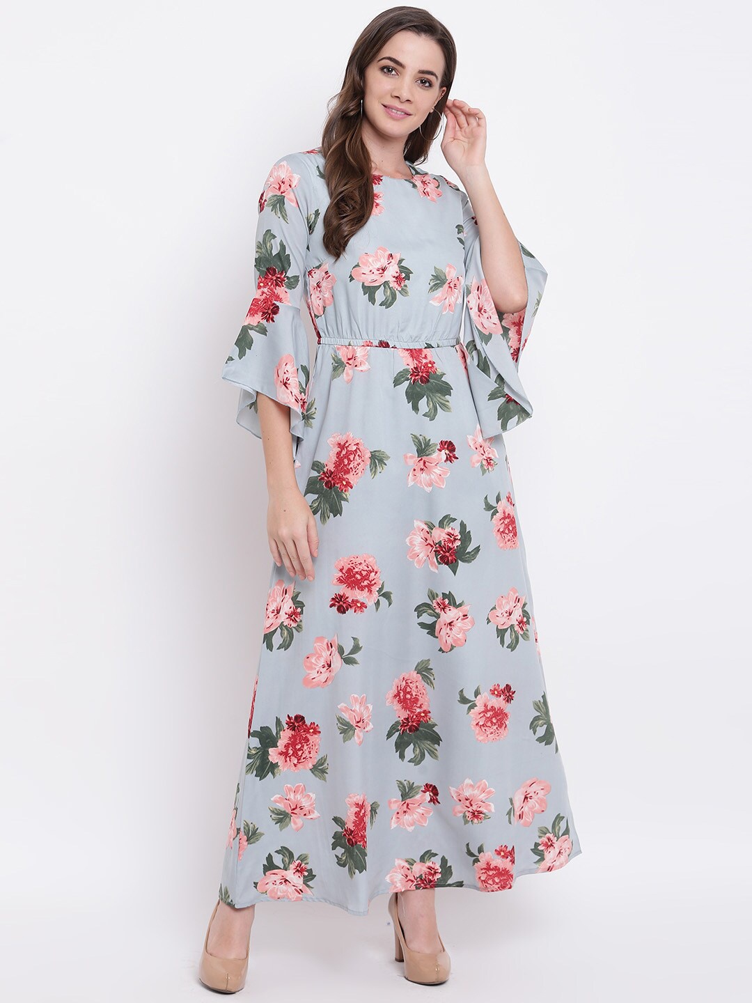 

Deewa Floral Printed Flared Bell Sleeve Maxi Dress, Grey