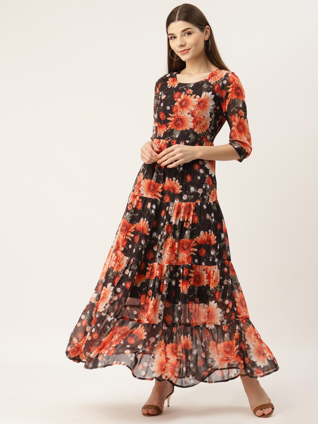 

Deewa Floral Printed Georgette Maxi Dress, Orange