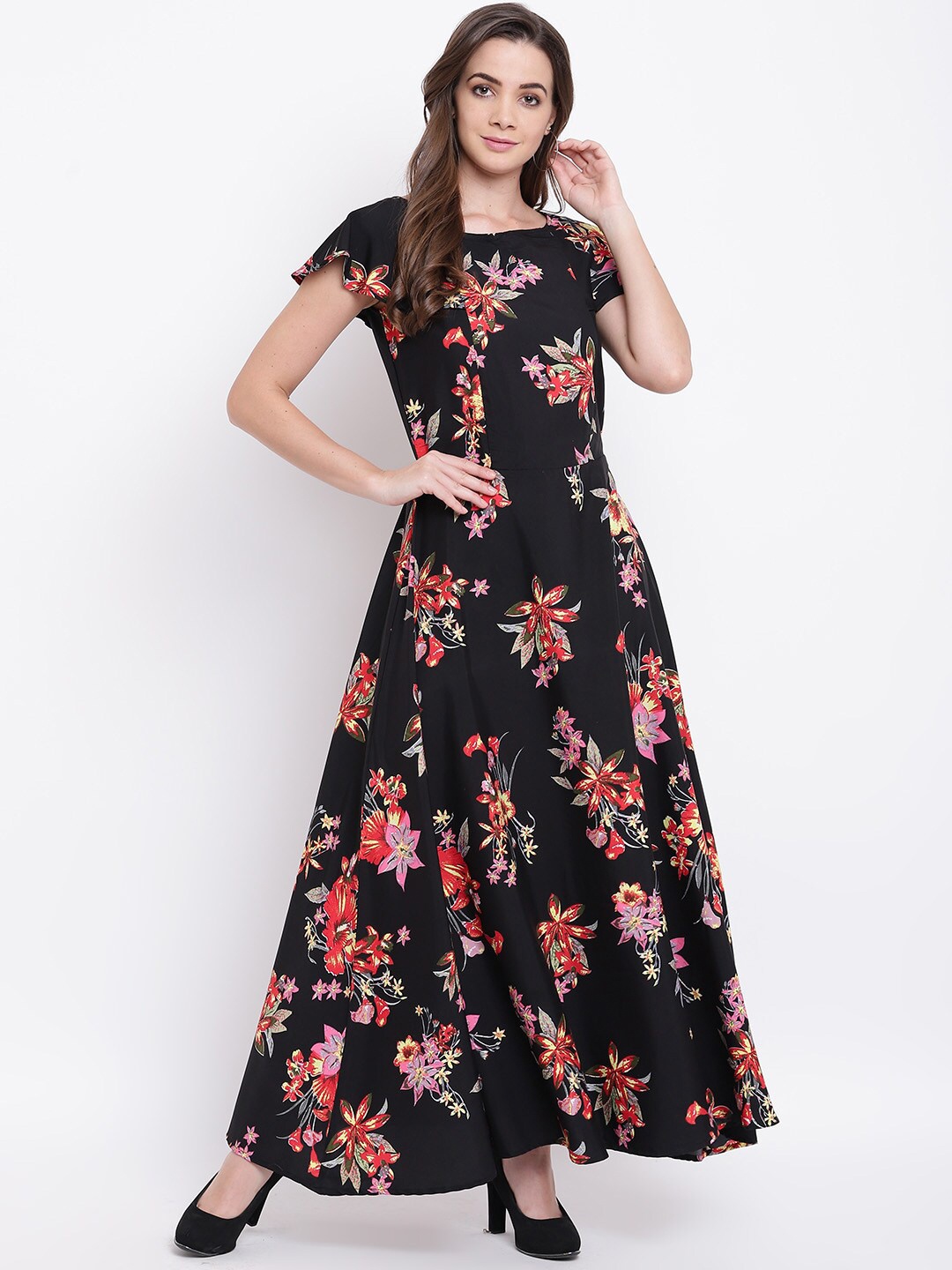 

Deewa Floral Printed Round Neck Crepe Maxi Dress, Black