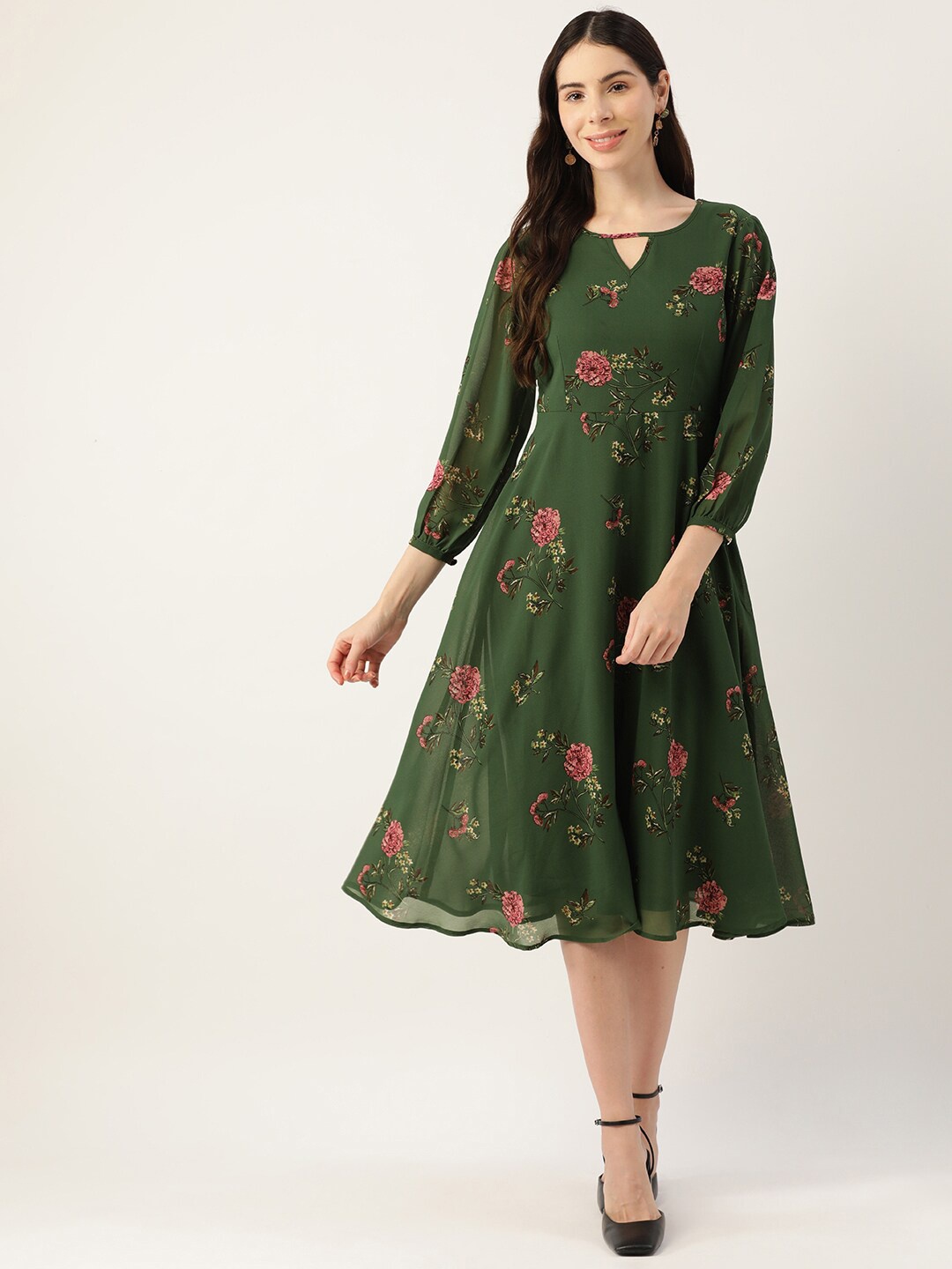 

Deewa Floral Printed Keyhole Neck Georgette Fit & Flare Midi Dress, Green