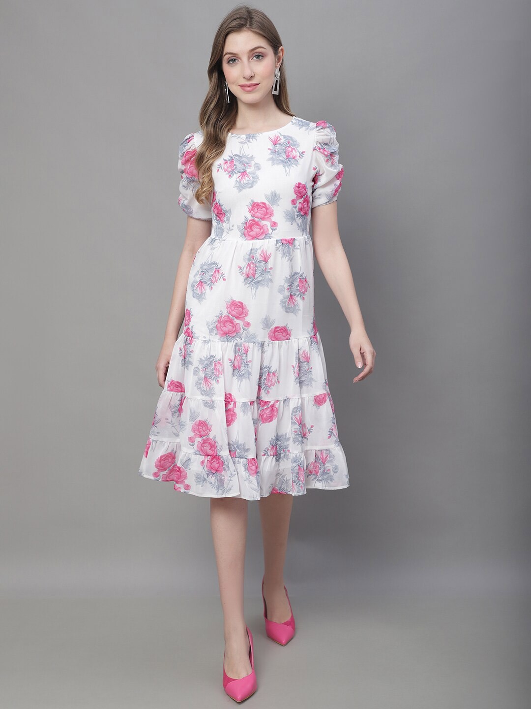

MINI & MING Floral Print Puff Sleeve Georgette A-Line Dress, White