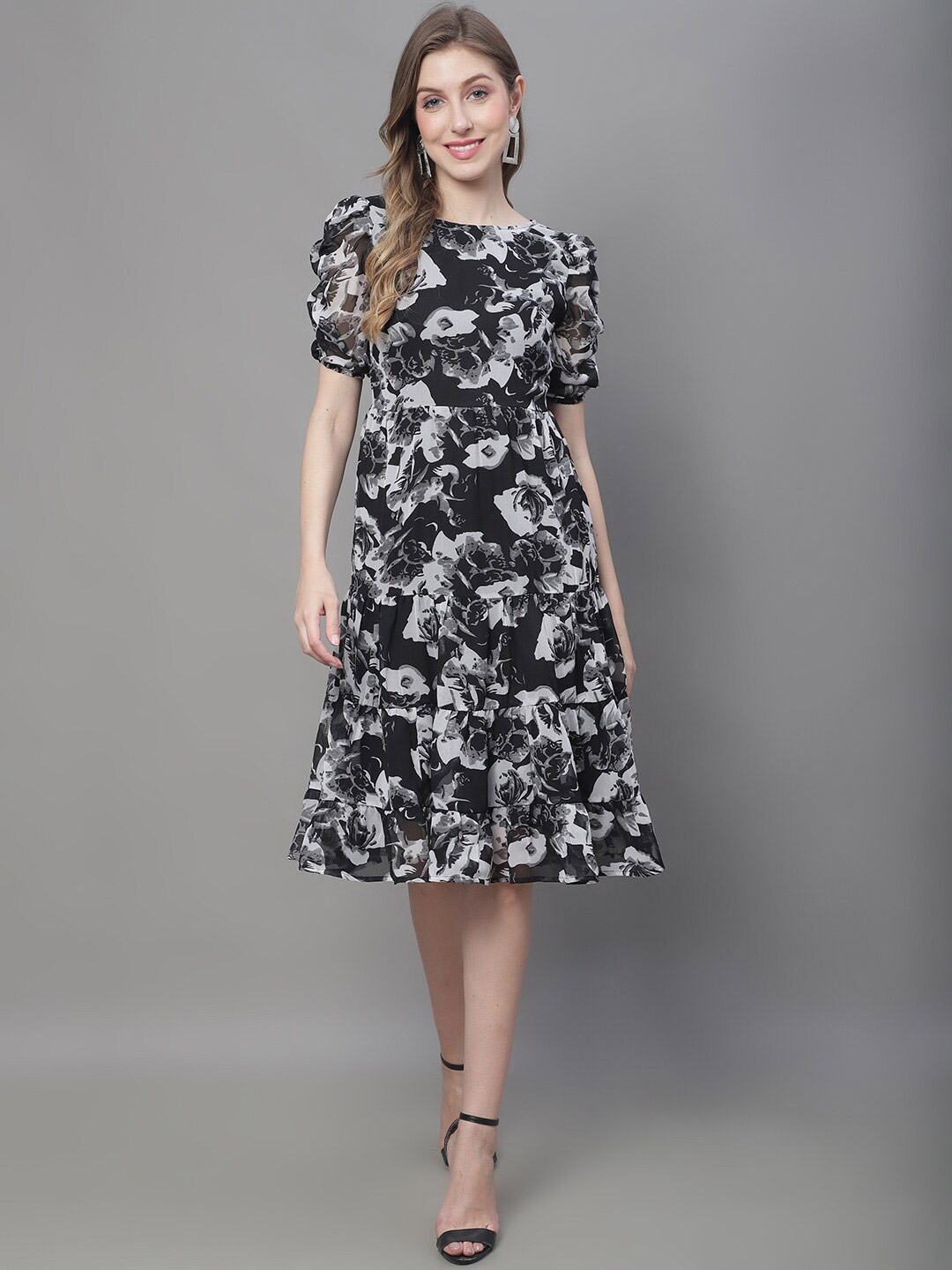 MINI & MING Floral Print Puff Sleeve Georgette Fit & Flare Dress, Black