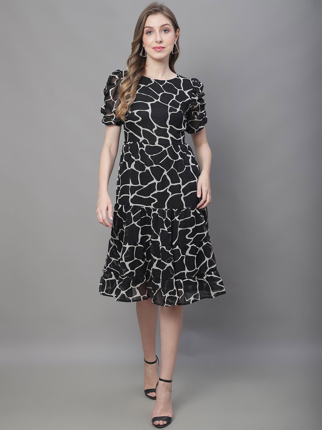 

MINI & MING Abstract Print Puff Sleeve Georgette A-Line Dress, Black