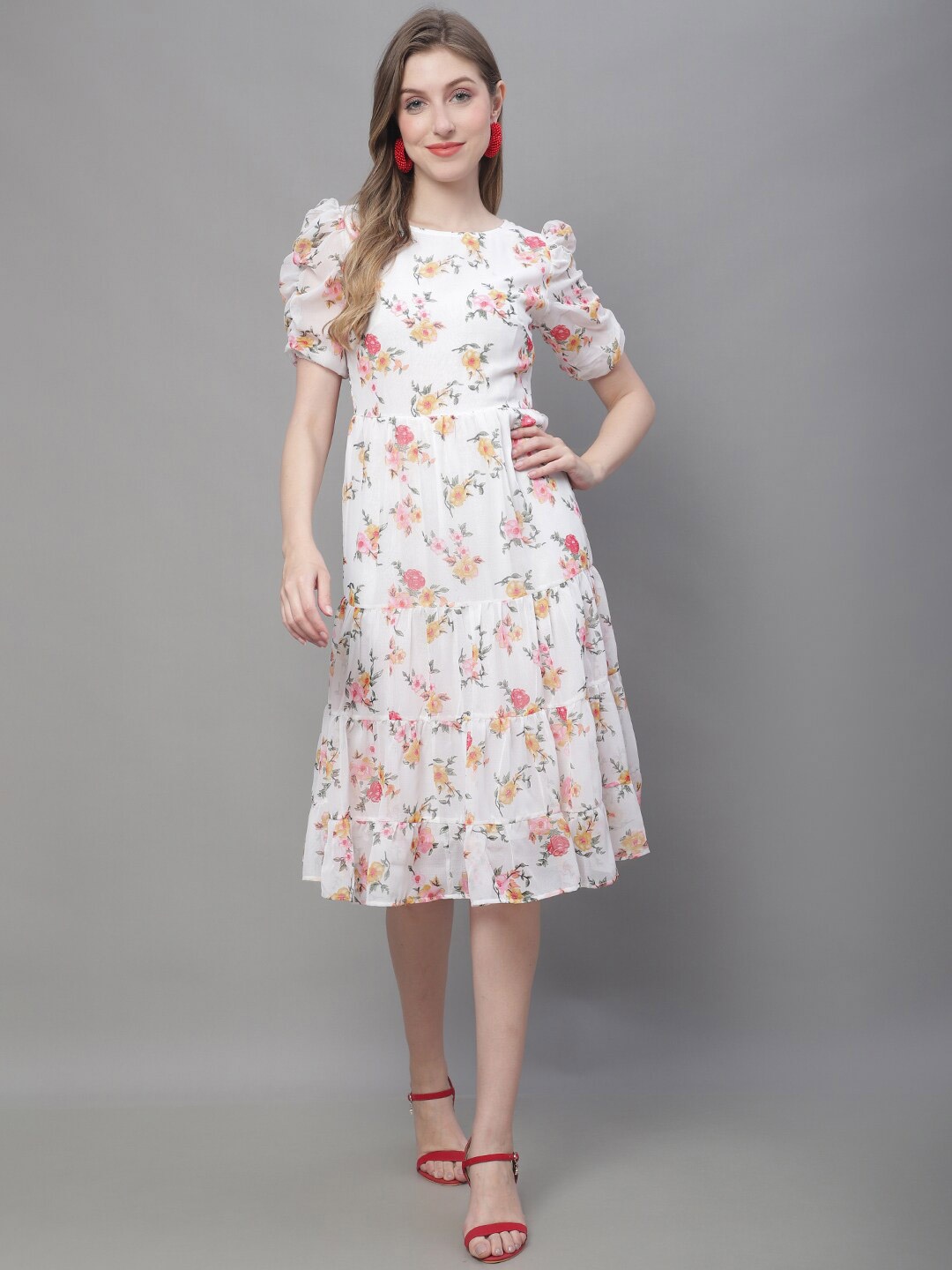 

MINI & MING Floral Print Puff Sleeve Georgette Fit & Flare Dress, Off white