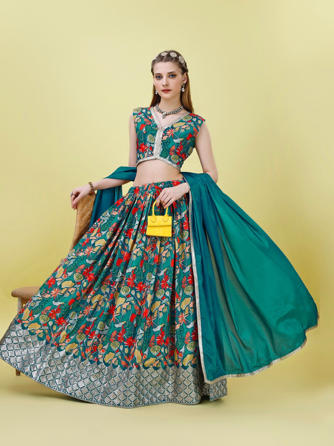 

KALINI Printed V-Neck Sleeveless Semi-Stitched Lehenga & Unstitched Blouse With Dupatta, Turquoise blue