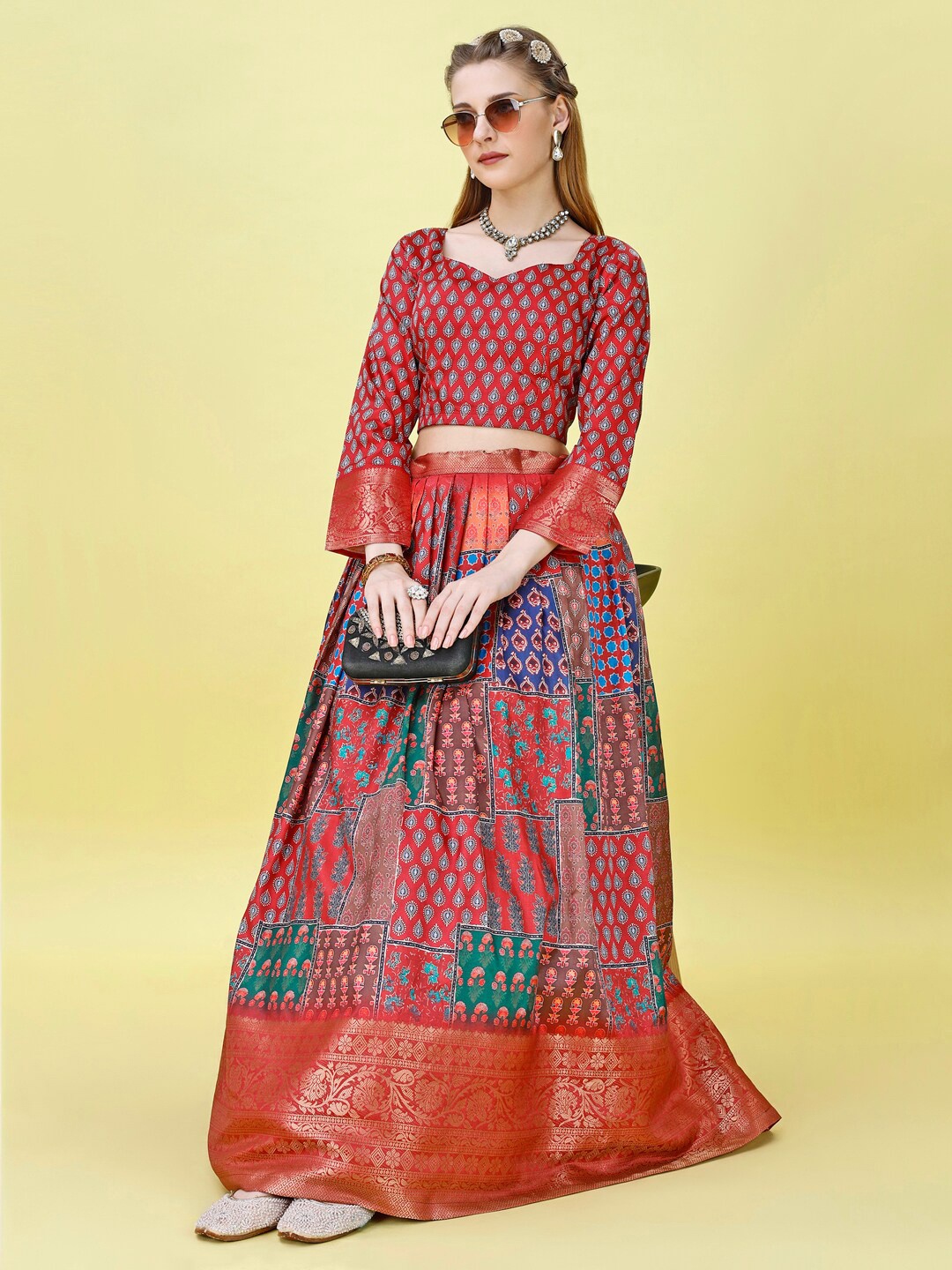 

KALINI Printed Semi-Stitched Lehenga & Unstitched Blouse, Red