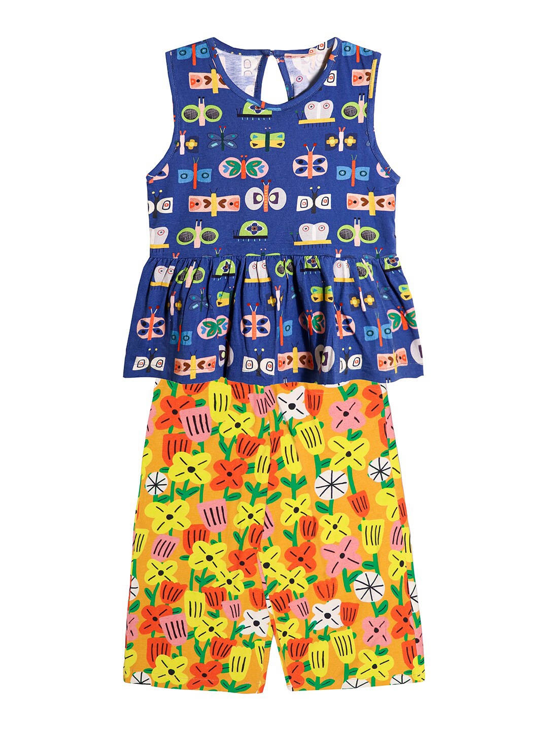 

Whistle & Hops Girls Printed Sleeveless Top with Pyjamas, Blue