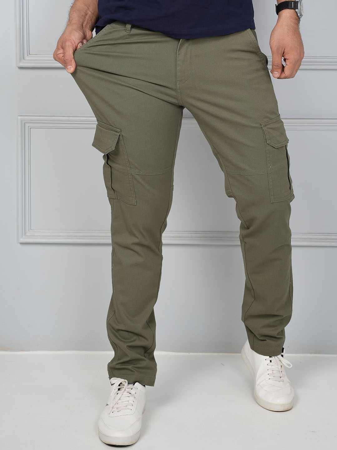 

JOHN WATSON Men Comfort Mid-Rise Button Flat-Front Cotton Chinos Trouser, Fluorescent green