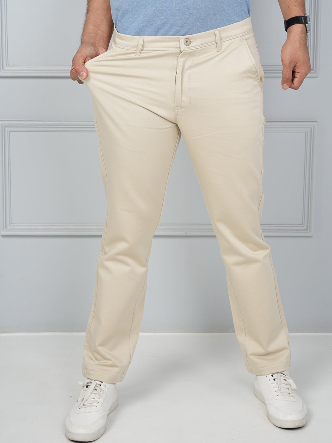 

JOHN WATSON Men Comfort Mid-Rise Cotton Formal Trousers, Beige