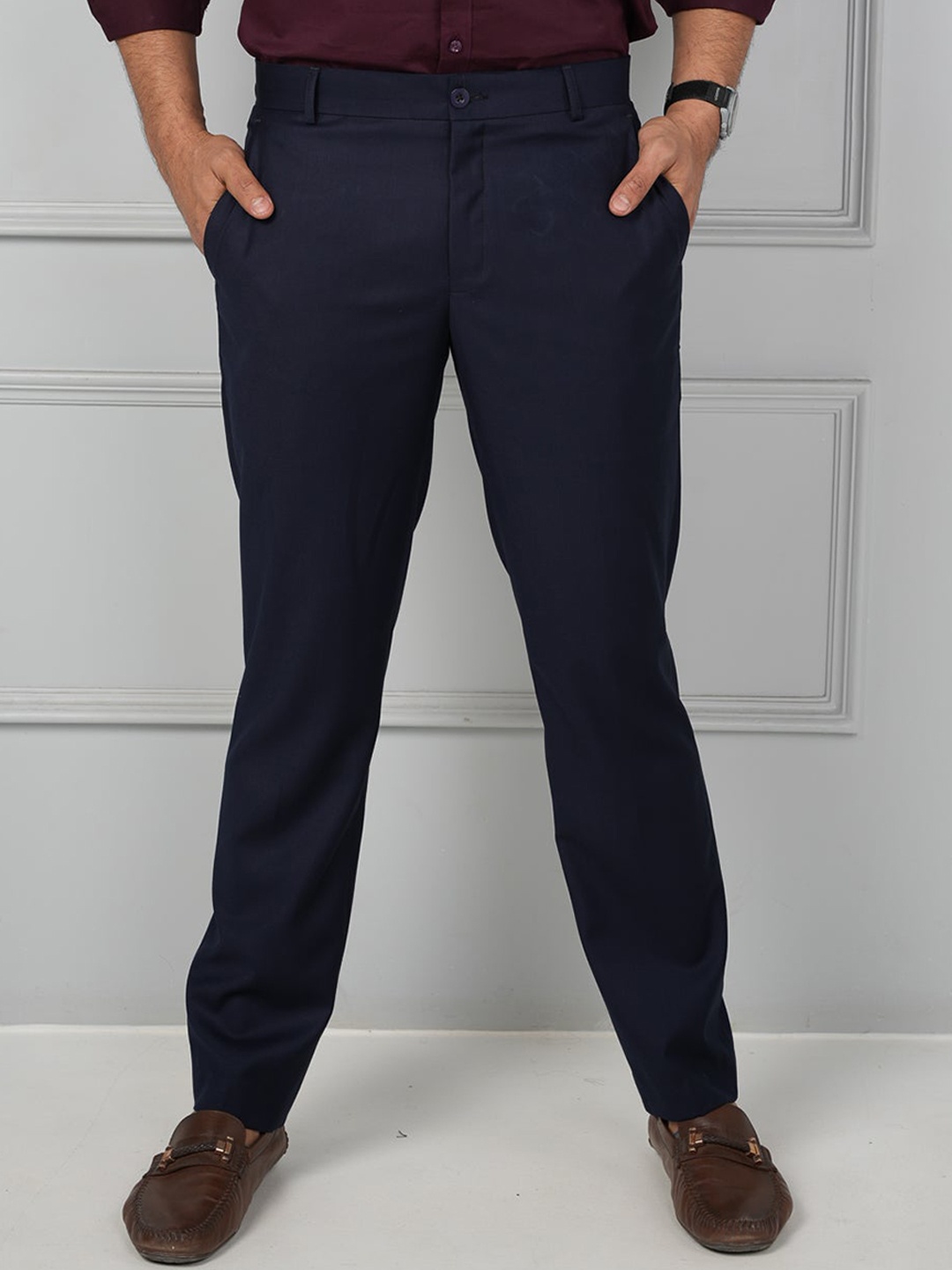 

JOHN WATSON Men Mid-Rise Comfort Cotton Formal Trousers, Blue