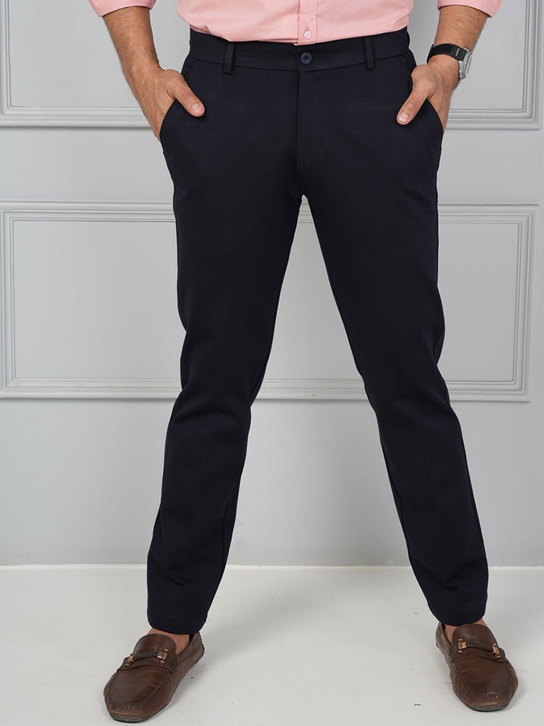 

JOHN WATSON Men Mid-Rise Comfort Cotton Formal Trousers, Navy blue