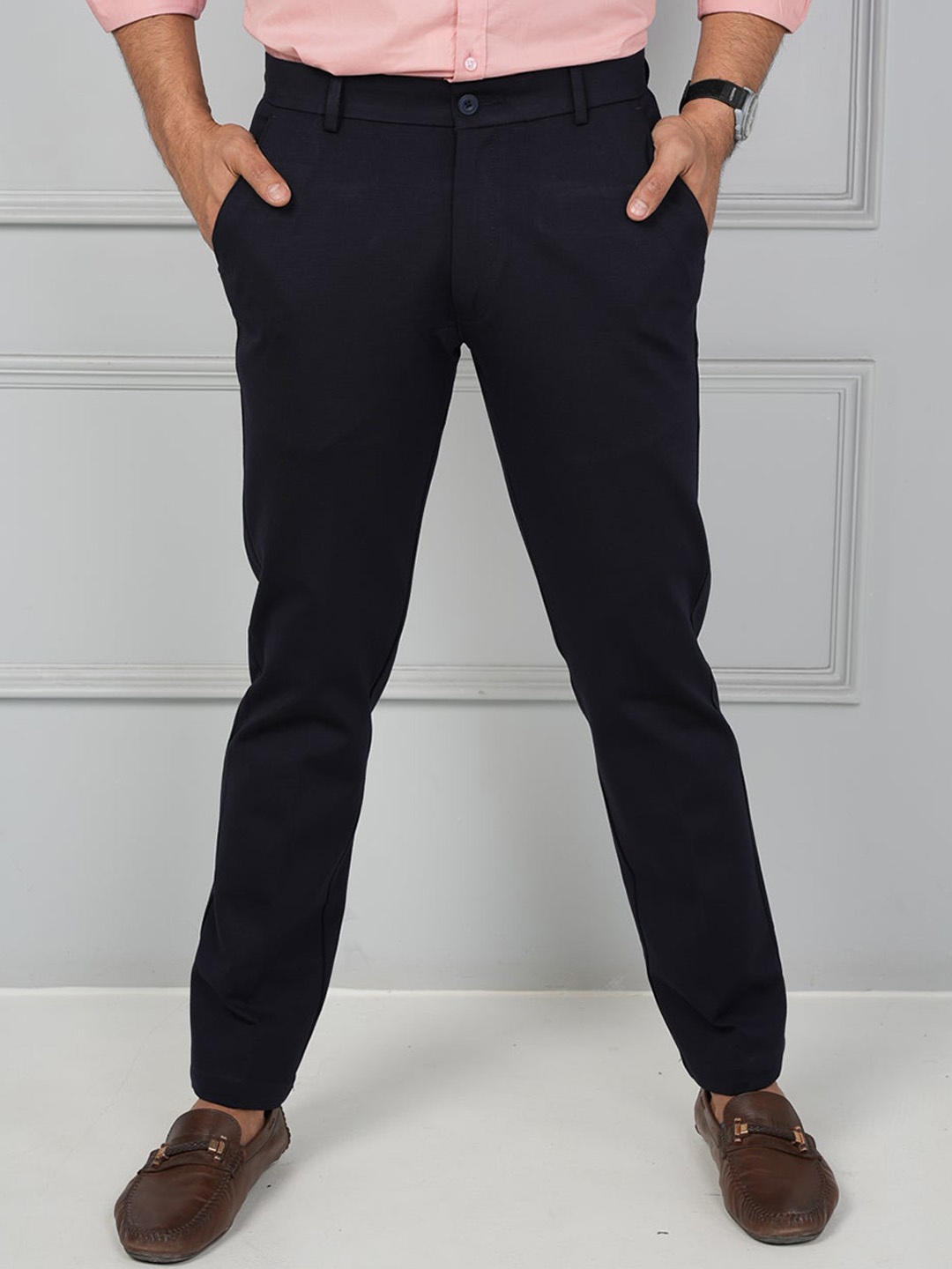 

JOHN WATSON Men Comfort Mid-Rise Button Flat-Front Cotton Trouser, Navy blue