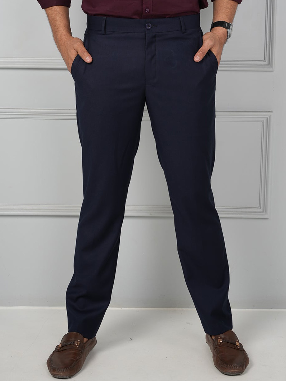 

JOHN WATSON Men Comfort Mid-Rise Button Flat-Front Cotton Formal Trouser, Blue