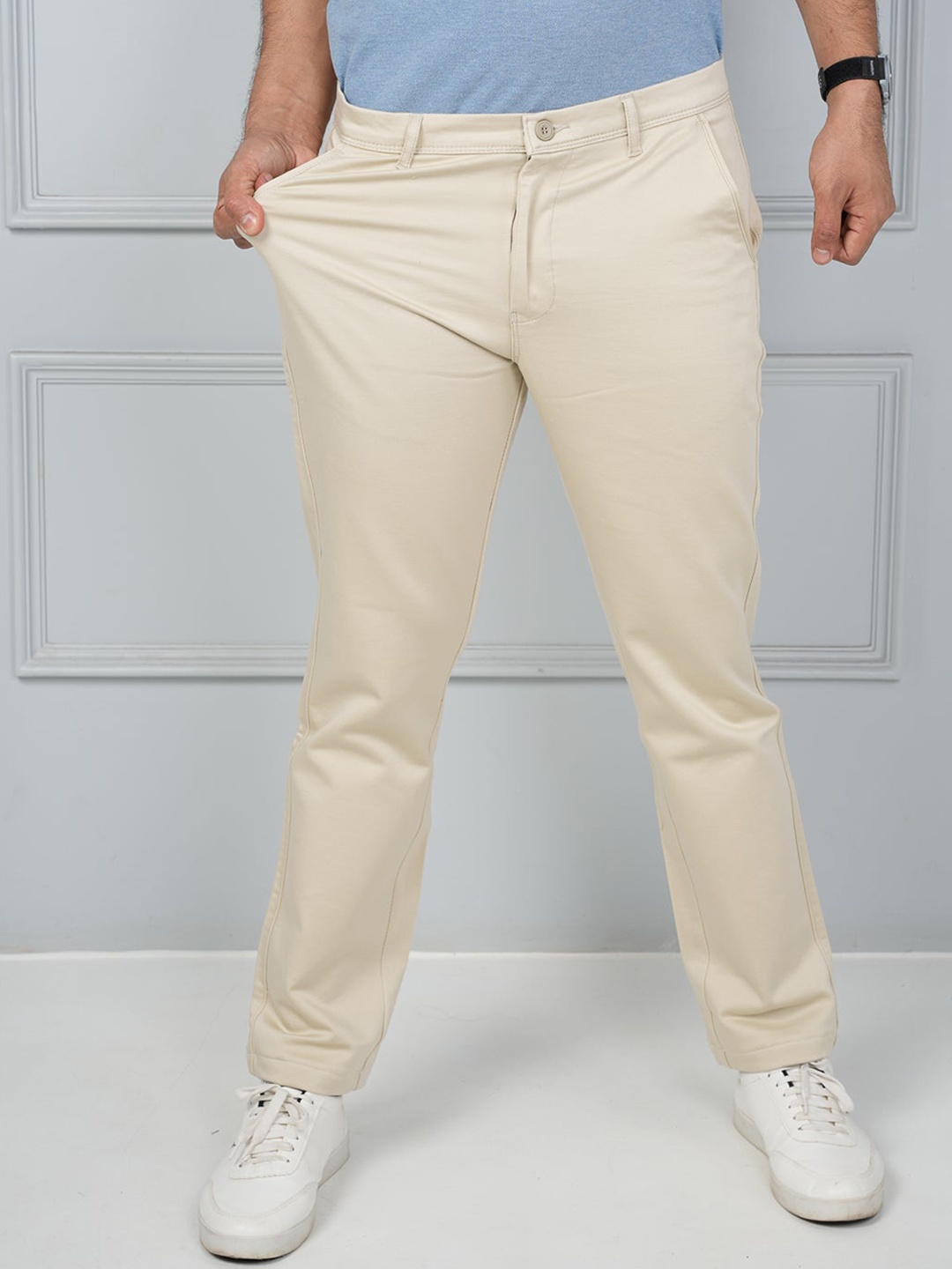 

JOHN WATSON Men Comfort Mid-Rise Button Flat-Front Cotton Chinos Trouser, Beige