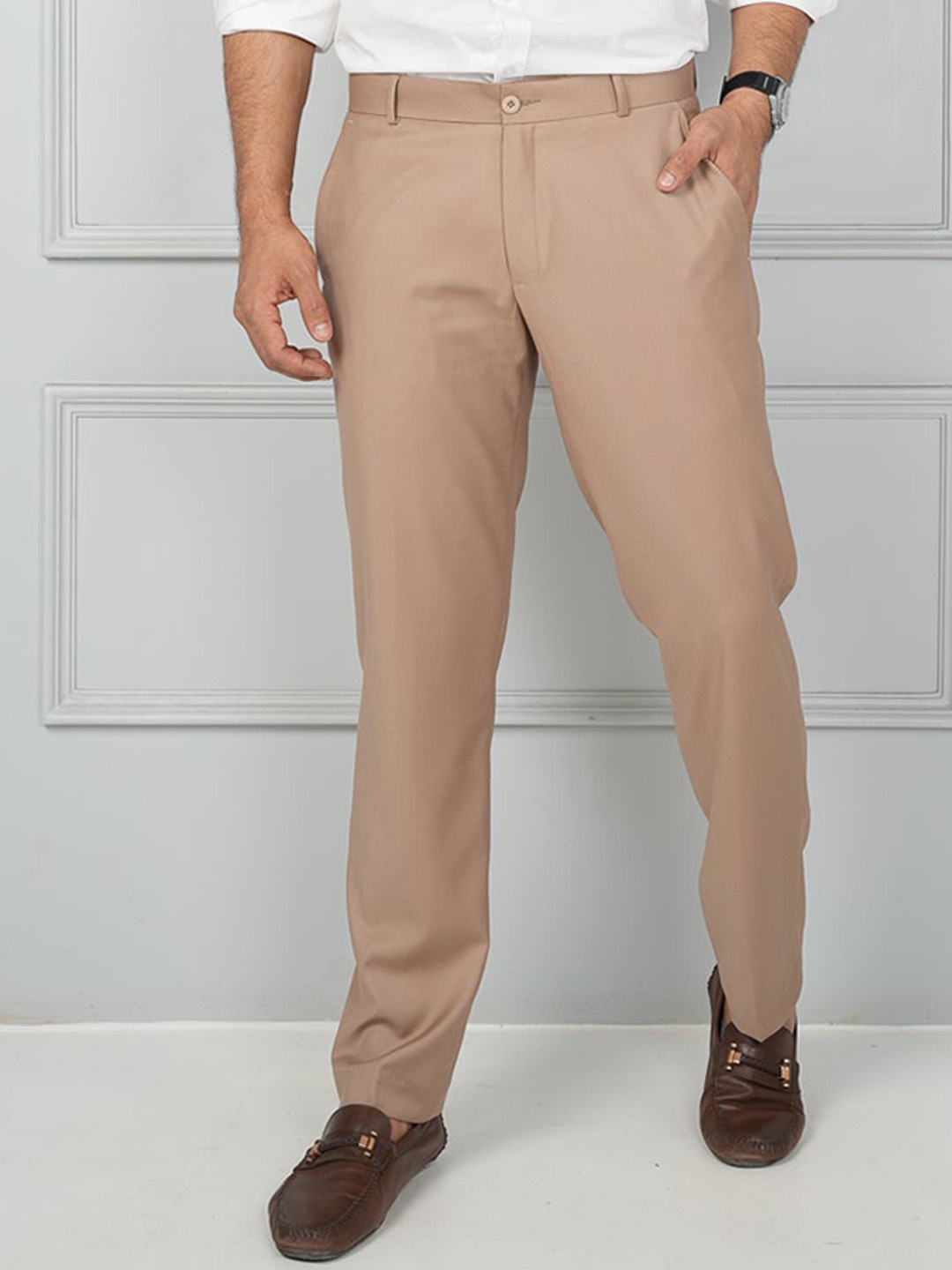 

JOHN WATSON Men Comfort Mid-Rise Button Flat-Front Cotton Trouser, Beige