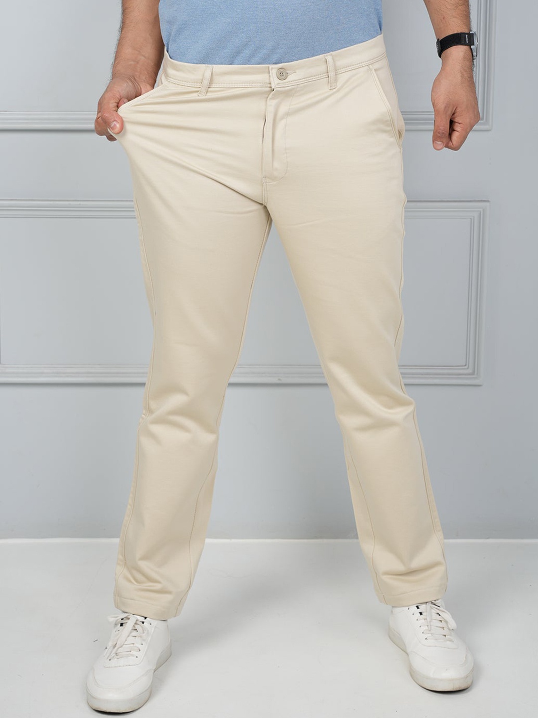 

JOHN WATSON Men Comfort Mid-Rise Cotton Trousers, Beige