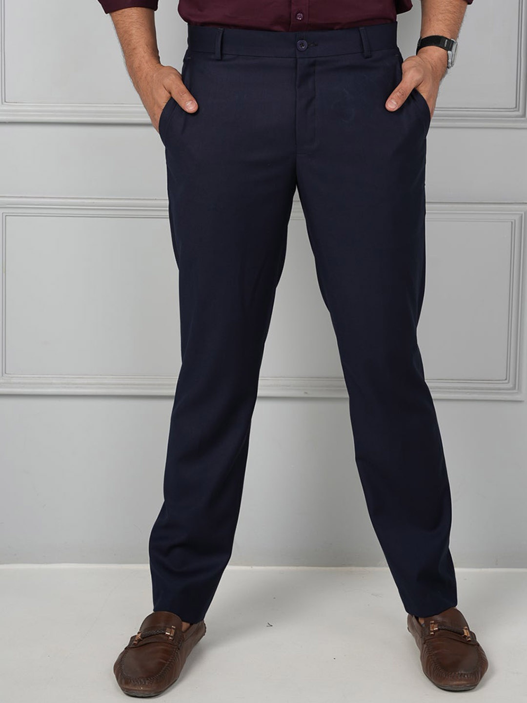 

JOHN WATSON Men Comfort Mid-Rise Cotton Formal Trousers, Blue