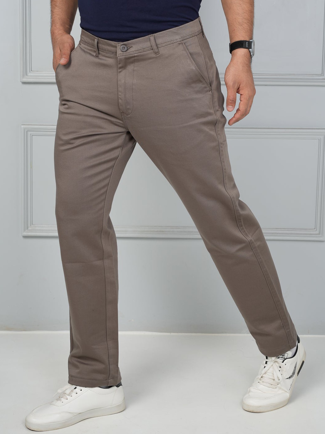 

JOHN WATSON Men Comfort Mid-Rise Cotton Chinos Trousers, Khaki