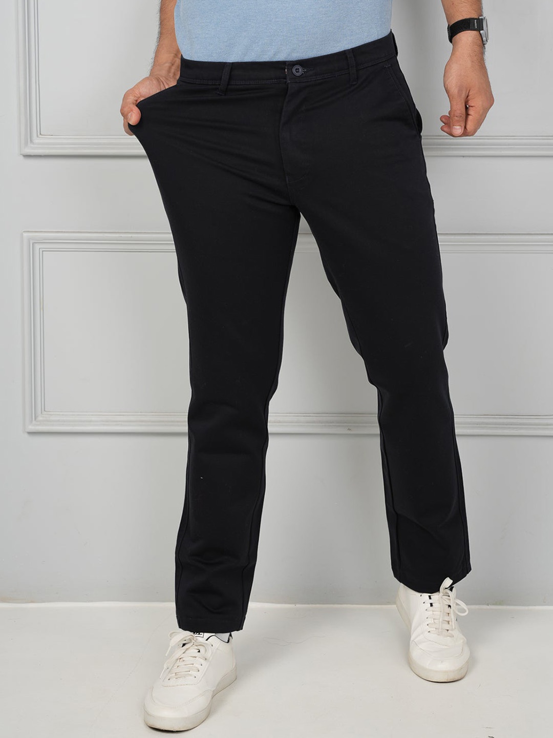 

JOHN WATSON Men Comfort Mid-Rise Cotton Trousers, Navy blue