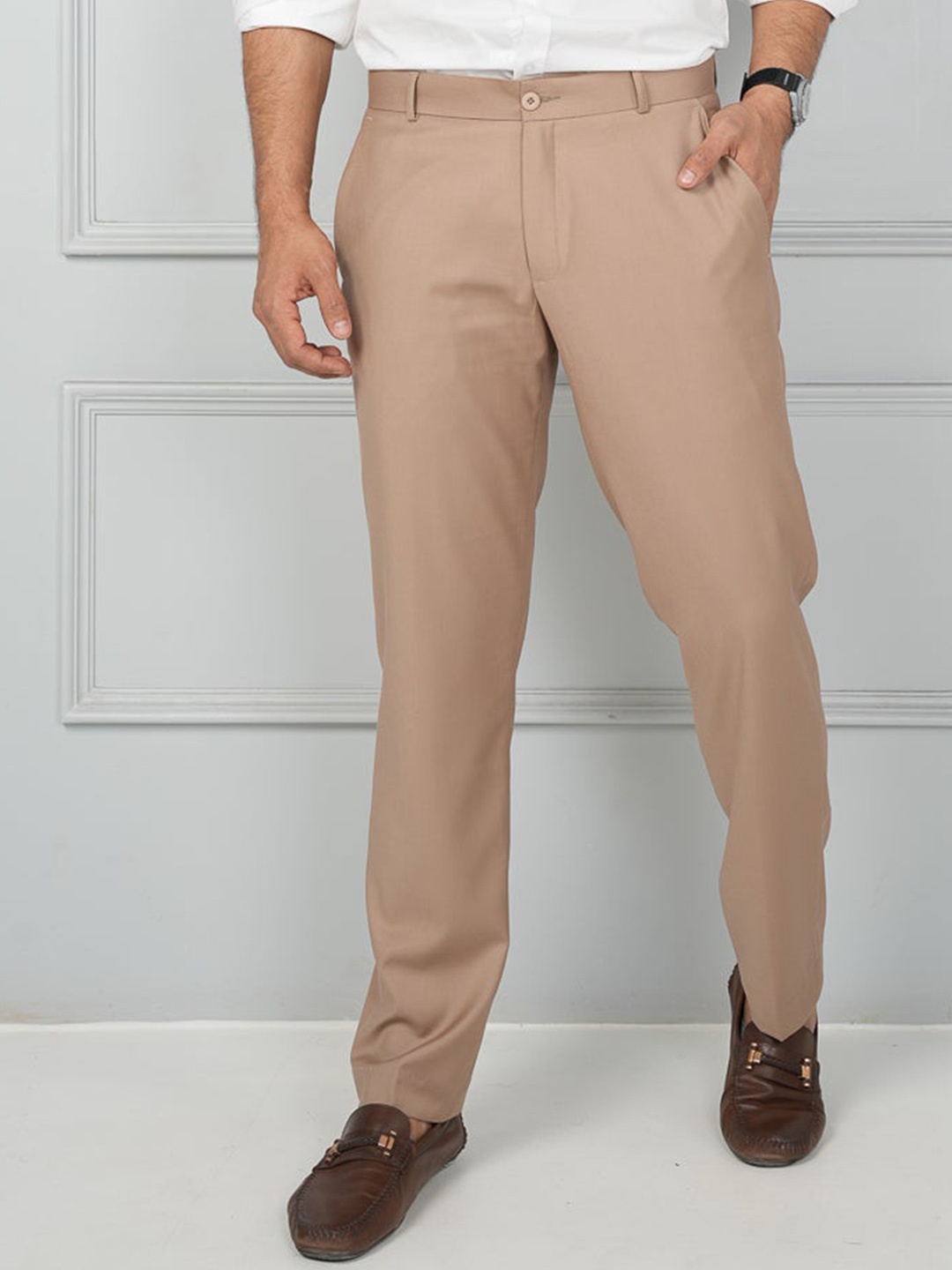 

JOHN WATSON Men Mid-Rise Cotton Formal Comfort Trousers, Beige
