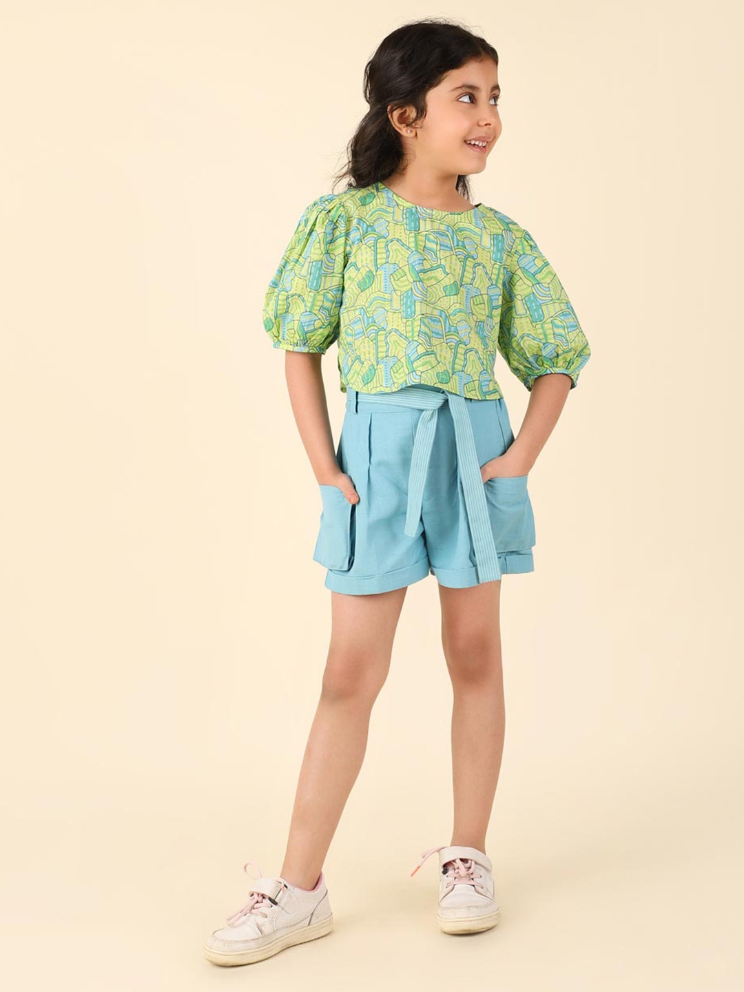 

Fabindia Girls Round Neck Puff Sleeves Printed Cotton Top with Shorts, Green