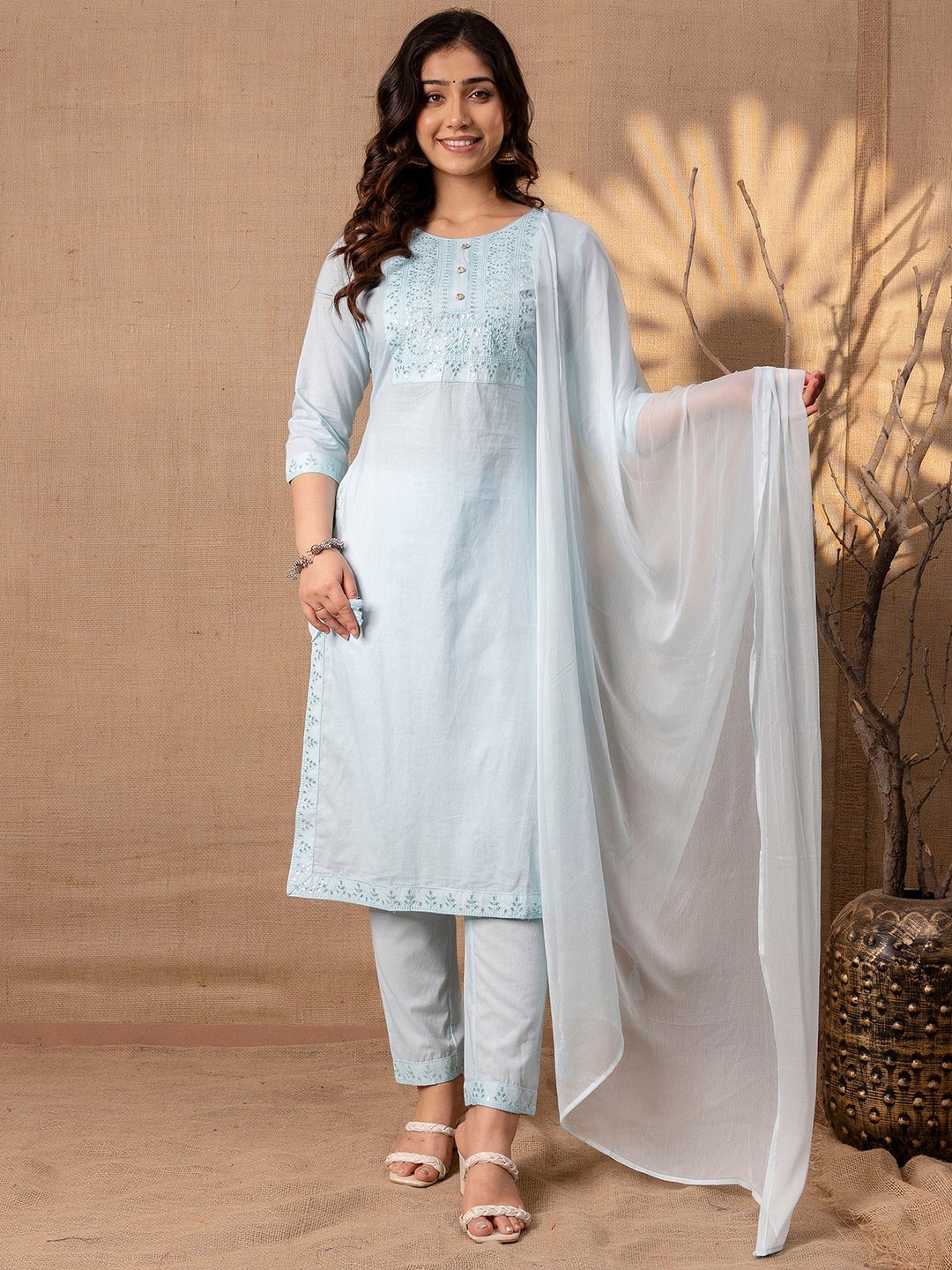 

CKM Embroidered Sequinned Pure Cotton Straight Kurta With Trouser & Dupatta, Blue
