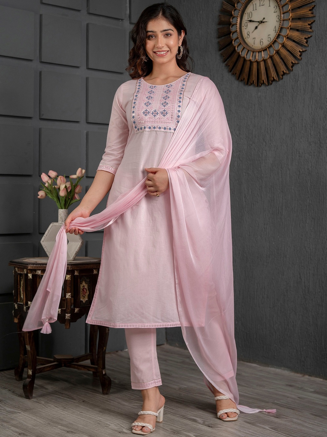 

CKM Ethnic Motifs Embroidered Sequinned Pure Cotton Straight Kurta With Trouser & Dupatta, Pink