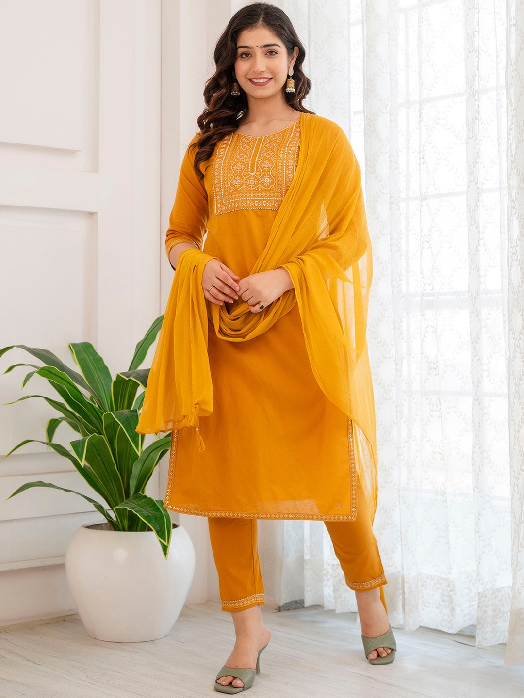 

CKM Floral Embroidered Round Neck Thread Work Pure Cotton Kurta with Trousers & Dupatta, Mustard