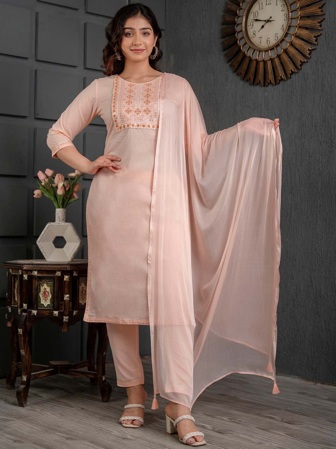 

CKM Women Ethnic Motifs Embroidered Sequinned Pure Cotton Kurta with Trousers & Dupatta, Peach