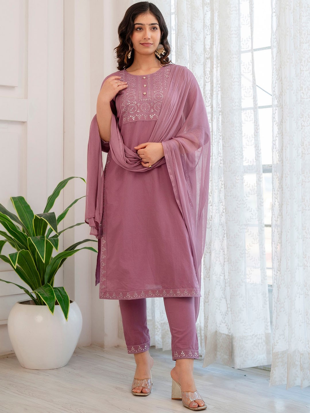 

CKM Floral Embroidered Mirror Work Pure Cotton Straight Kurta with Trousers & Dupatta, Purple