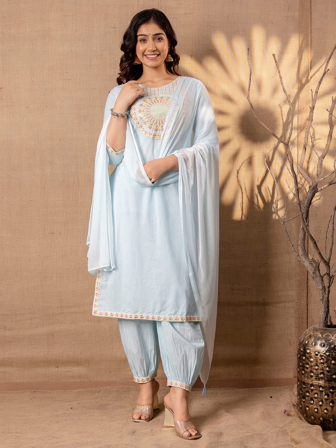 

CKM Floral Embroidered Pure Cotton Straight Kurta With Trousers & Dupatta, Blue