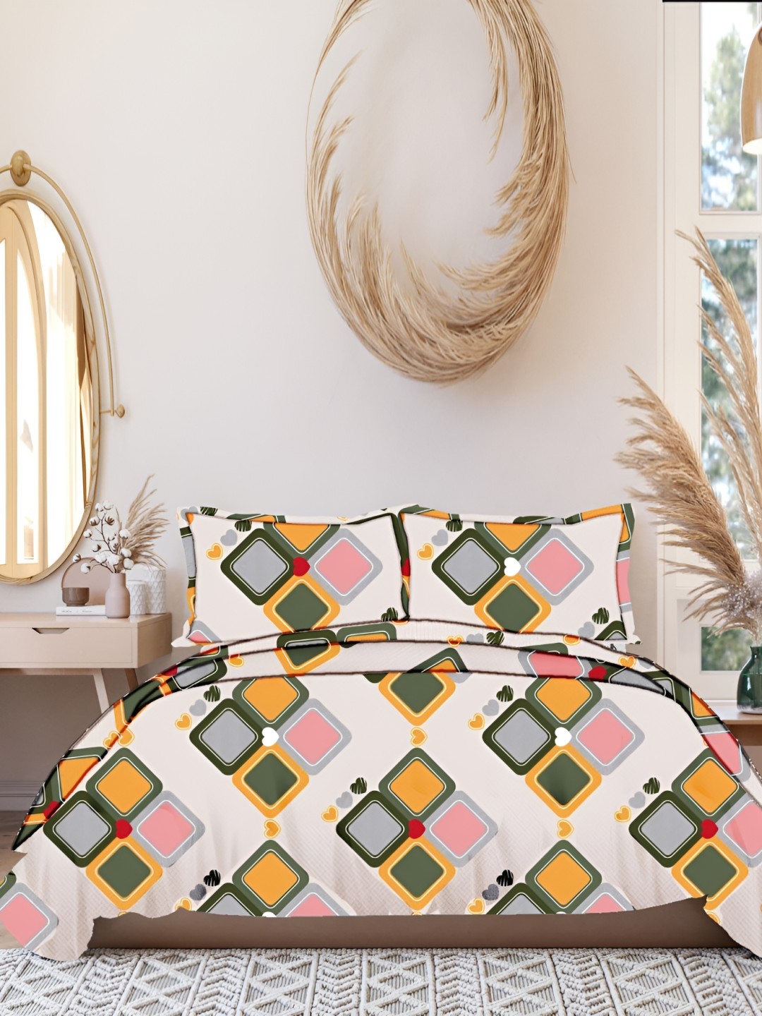 

Quirky Home Cream & Yellow Geometric 160 TC King Bedsheet with 2 Pillow Covers