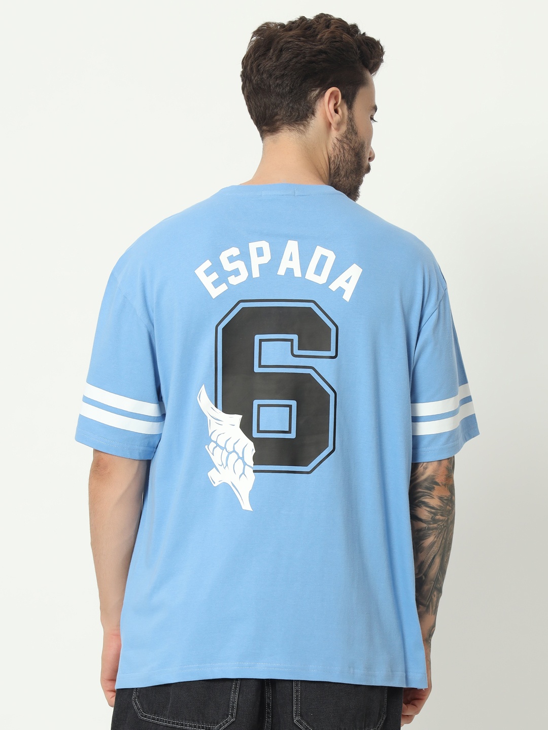 

COMICSENSE Anime Espada Club Printed Drop-Shoulder Sleeves Cotton Oversized T-shirt, Blue