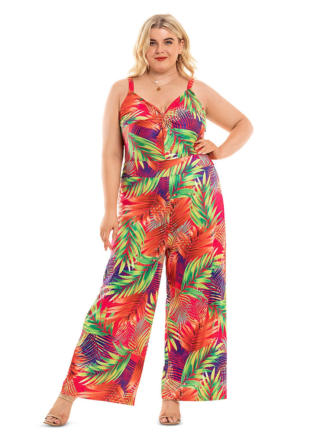 

LULU & SKY Plus Size Tropical Printed Basic Jumpsuit, Green