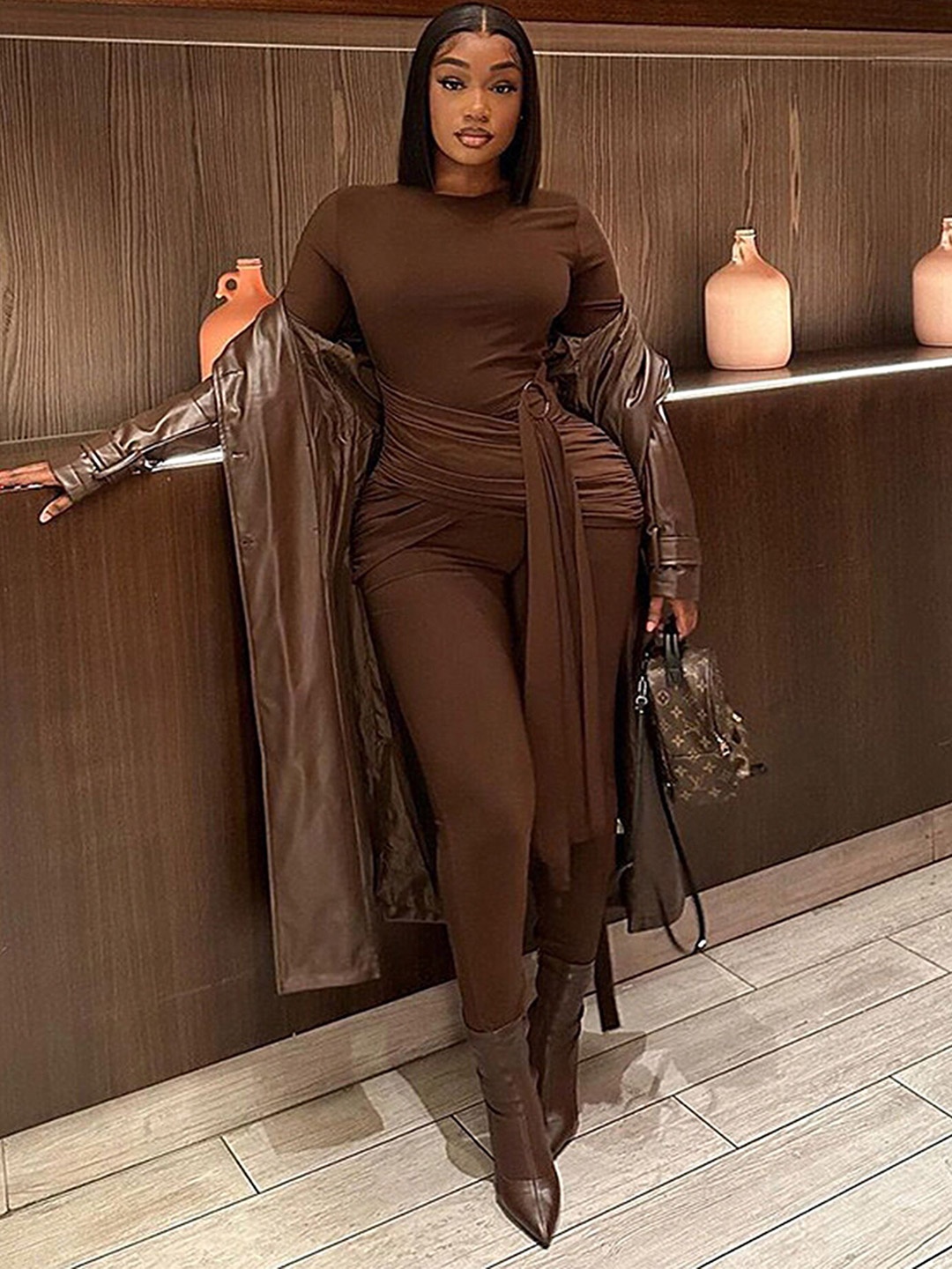 

LULU & SKY Draped Long Sleeves Basic Jumpsuit, Coffee brown